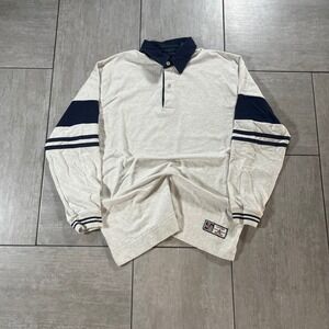 John Ashford Mens Rugby Shirt Long Sleeve Gray Navy Blue Stripe Polo Size 22x30